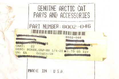 New OEM Arctic Cat 8002-046 Hex Head Cap Screws 1/4-20x1.75 Qty 4 NOS