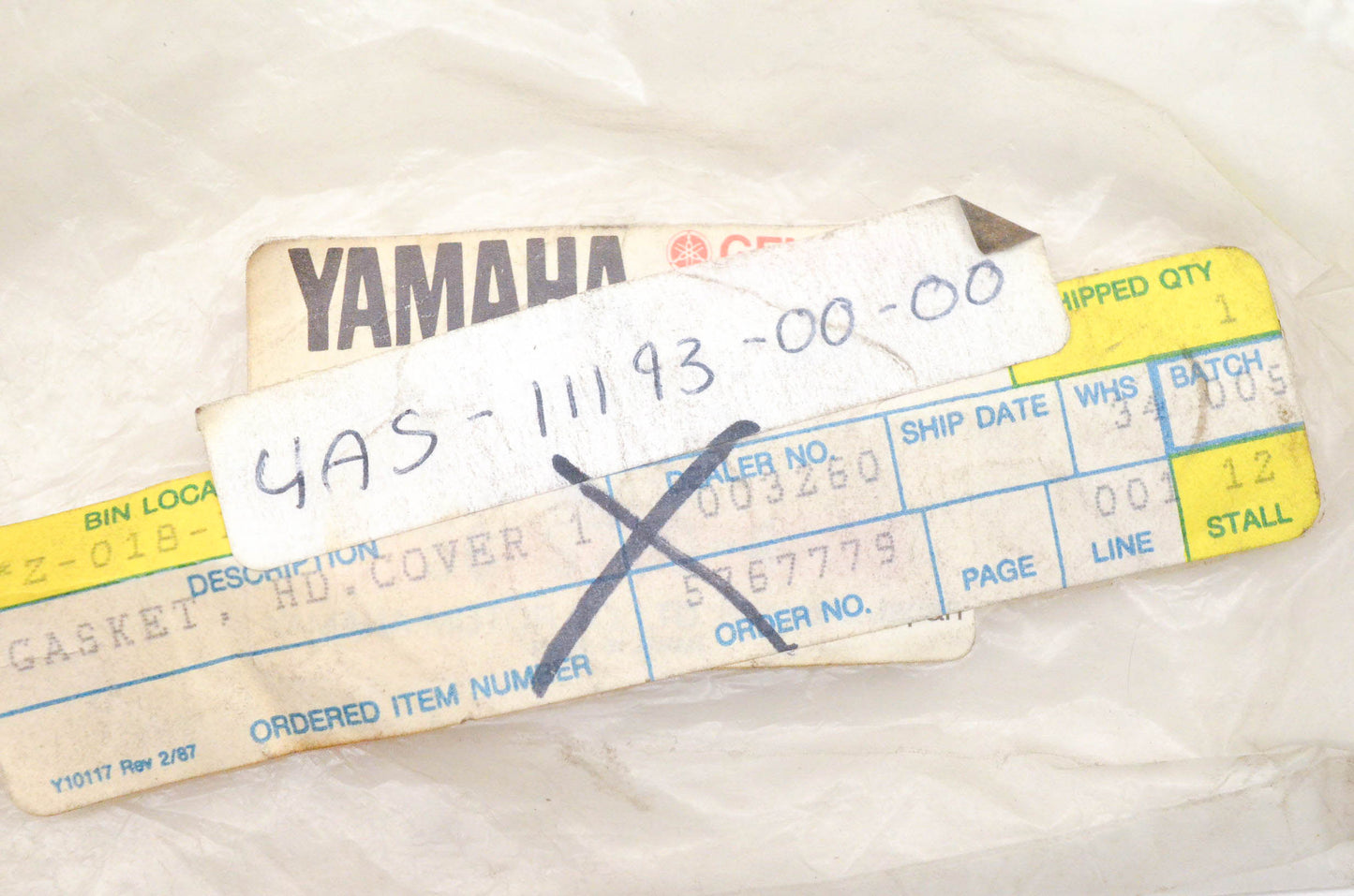 New OEM Yamaha 4AS-11193-00-00 Head Cover Gasket NOS