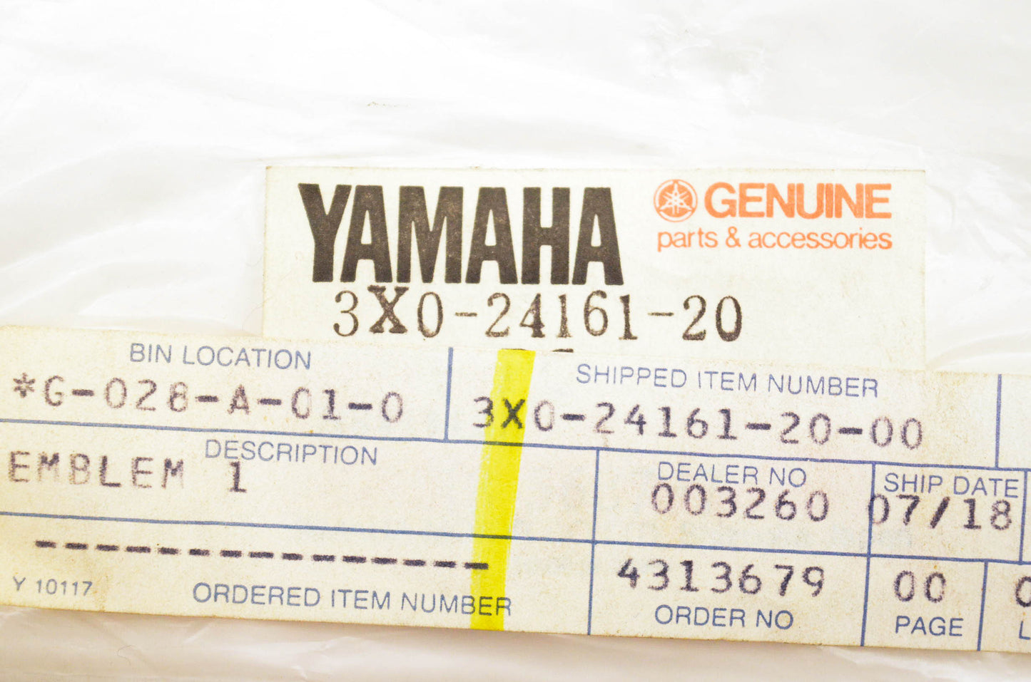 New OEM Yamaha 3X0-24161-20-00 Emblem NOS