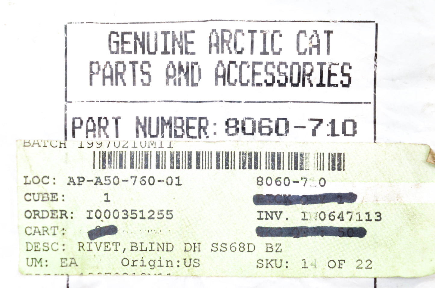 New OEM Arctic Cat 8060-710 Rivets Qty 4 NOS