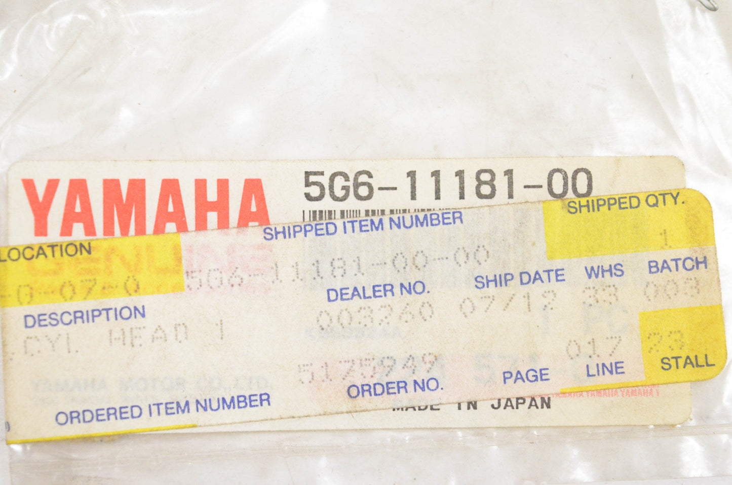 New OEM Yamaha 5G6-11181-00-00 Cylinder Head Gasket NOS