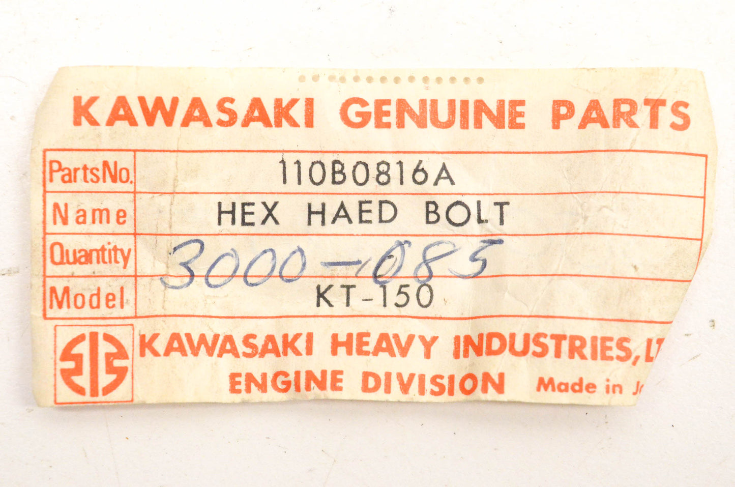 New OEM Kawasaki 3000-085, 110B0816A Hex Head Bolts Qty 2 NOS