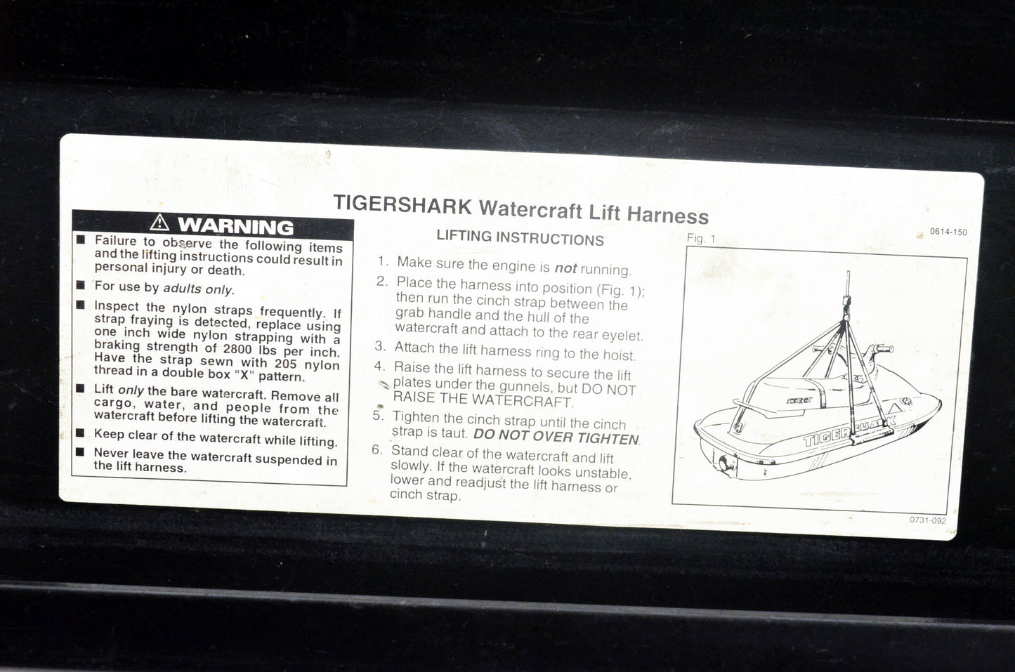 Tigershark Watercraft Lift Harness NOS