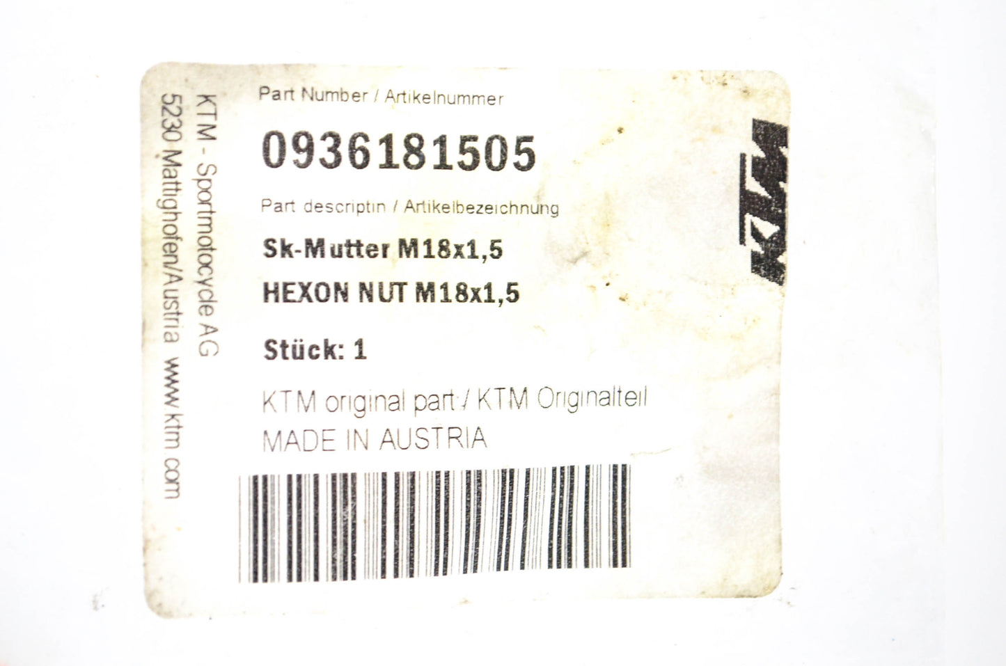 New OEM KTM 0936181505 Nut NOS