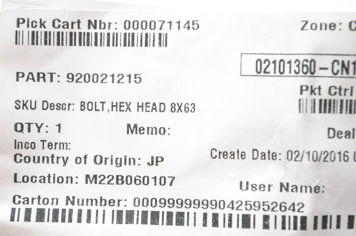 New OEM Kawasaki 92002-1215 Hex Bolt NOS