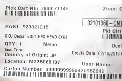 New OEM Kawasaki 92002-1215 Hex Bolt NOS