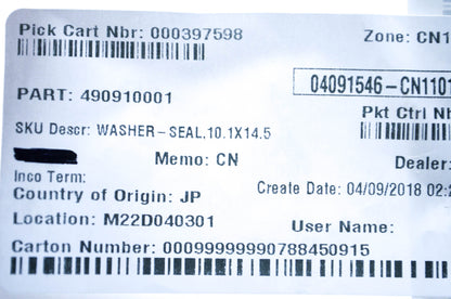 New OEM Kawasaki 490910001 Sealing Washer NOS