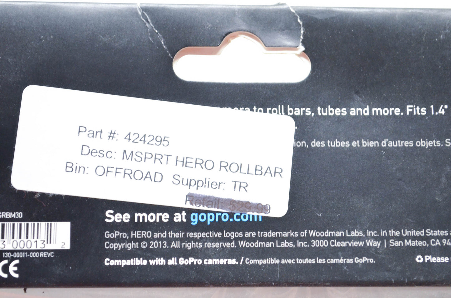 GoPro 424295, GRBM30 Roll Bar Mount NOS