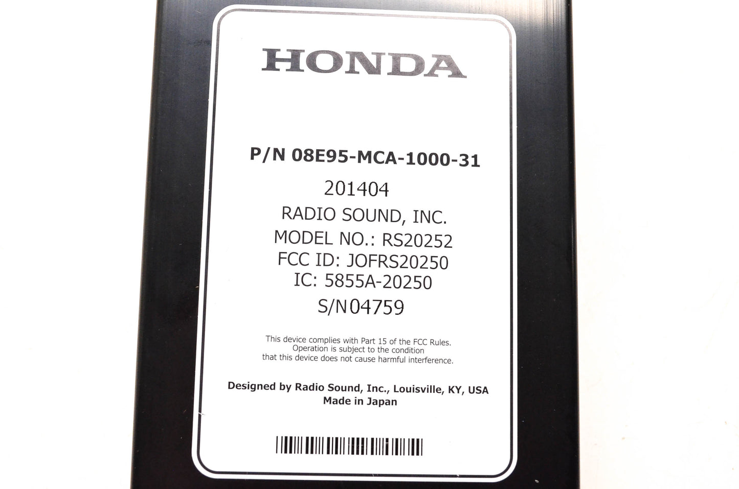 New OEM Honda 08E95-MCA-1000-31, 08E95MCA100031 CB Radio NOS