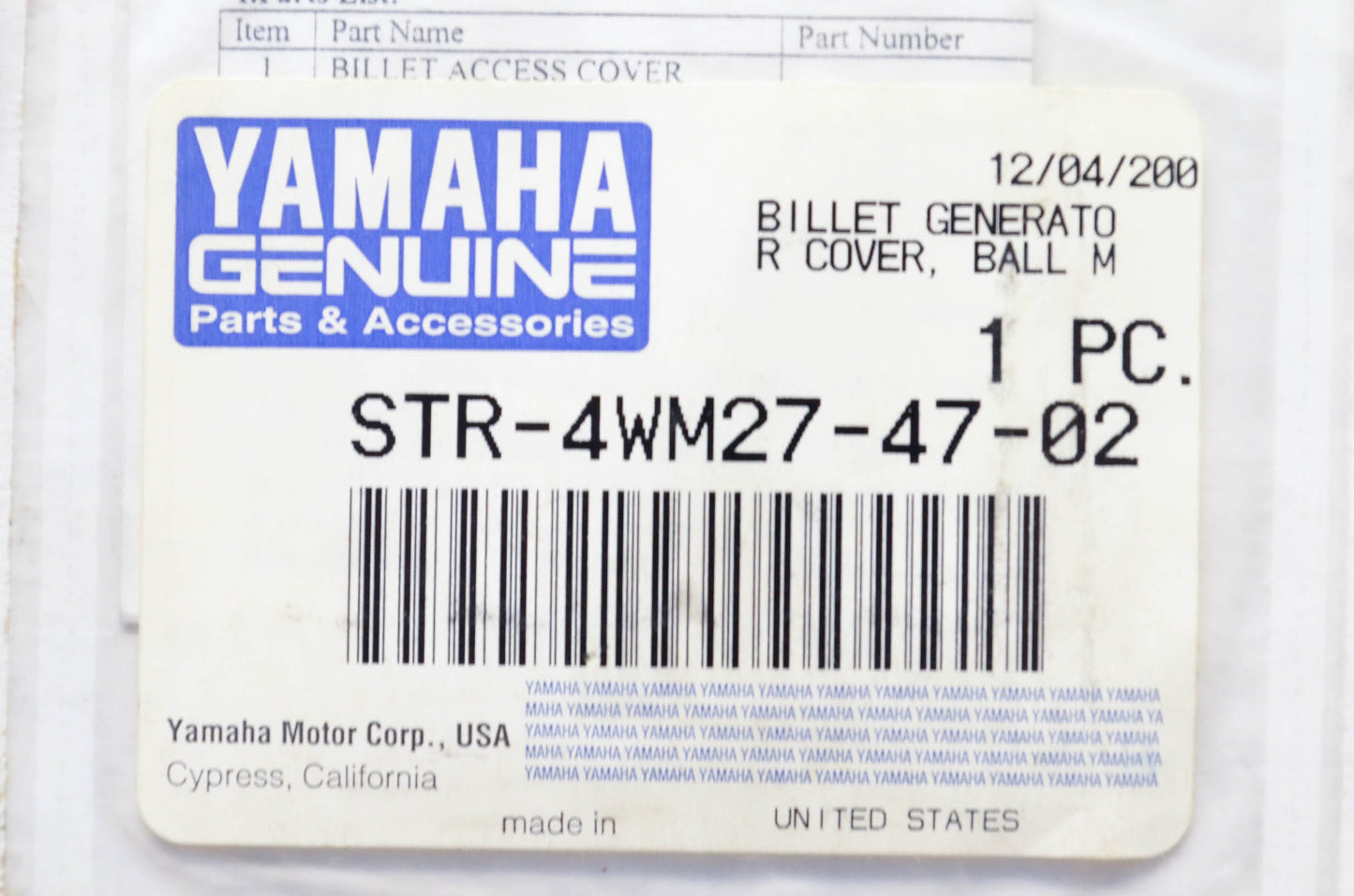 New OEM Yamaha STR-4WM27-47-02 Generator Cover Billet NOS