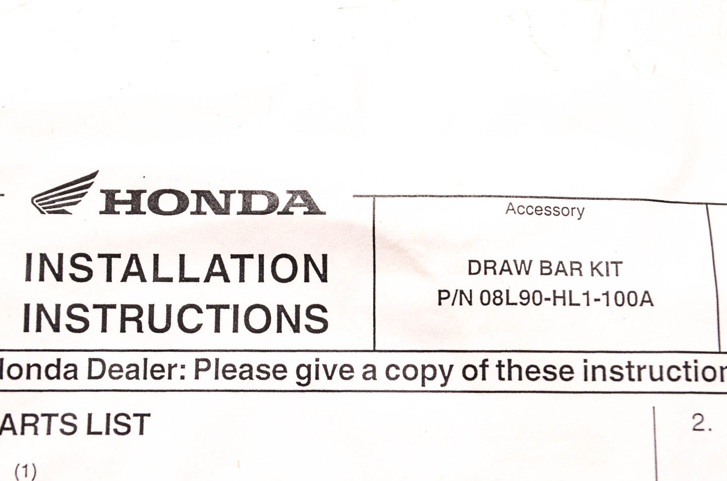 New OEM Honda 08L90-HL1-100A Draw Bar Kit NOS
