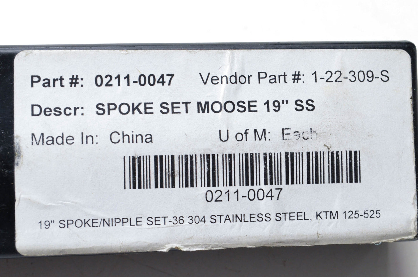 Moose Racing 0211-0047, 1-22-309-S  Stainless Spoke Kit 19" NOS