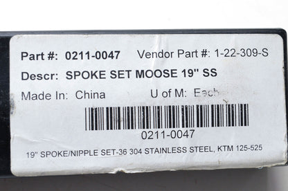 Moose Racing 0211-0047, 1-22-309-S  Stainless Spoke Kit 19" NOS