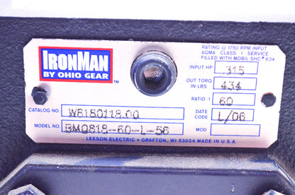 Ohio Gear BMQ818-60-L-56, W8180118.00 Ironman Speed Reducer NOS