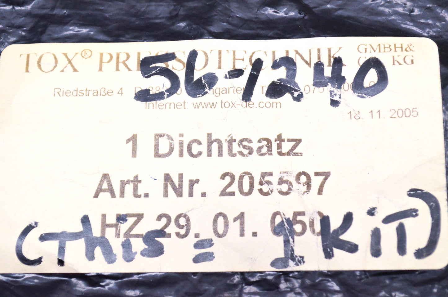Tox Pressotechnik 205597, HZ 29. 01. 050, 56-1240 Seal Kit NOS