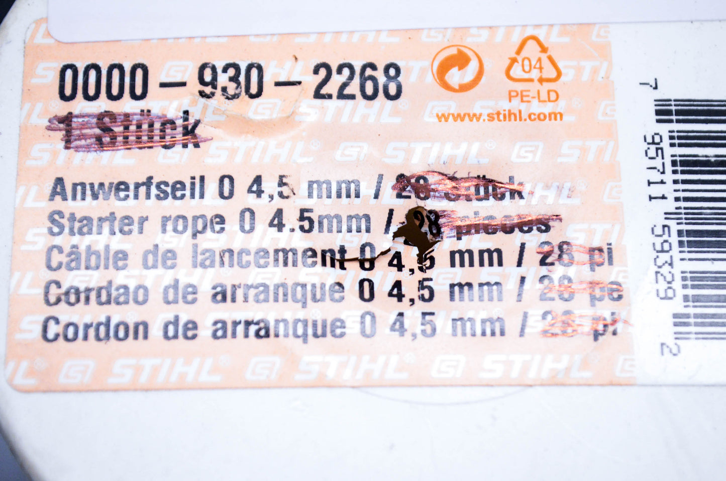 OEM Stihl 0000-930-2268 Starter Rope 4.5mm Partial Roll