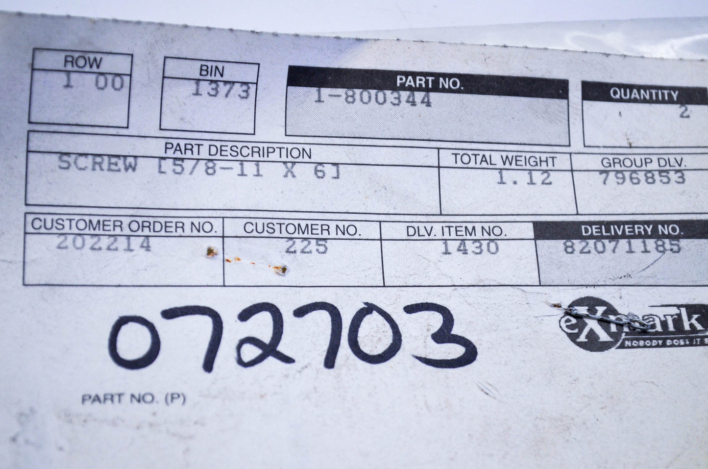 Exmark 1-800344, 72703 Laser Screw 5/8-11x6 NOS