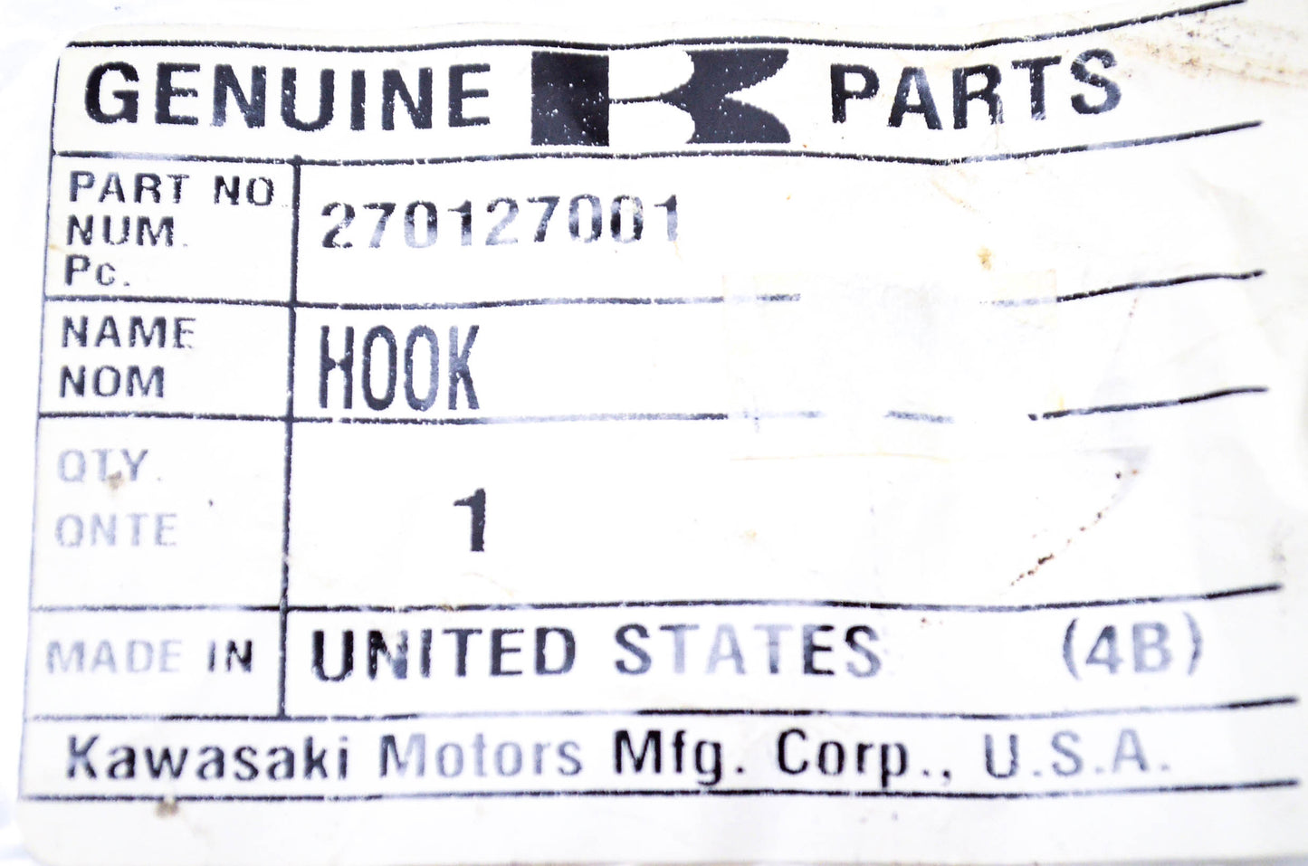 New OEM Kawasaki 270127001 Hook NOS