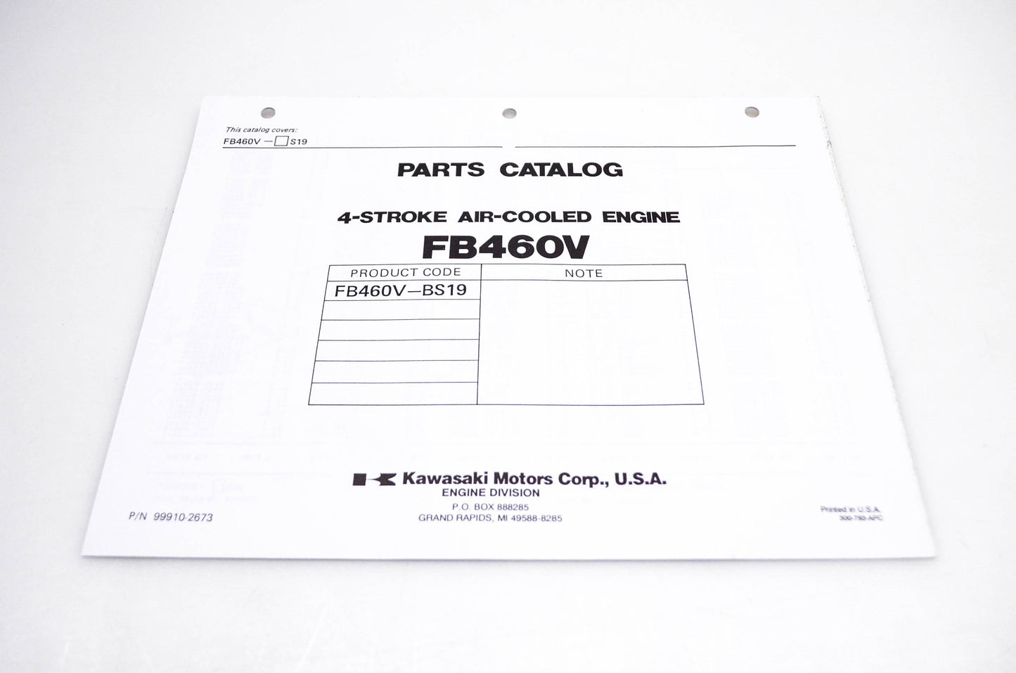 New OEM Kawasaki 99910-2673 FB460V Parts Catalog NOS