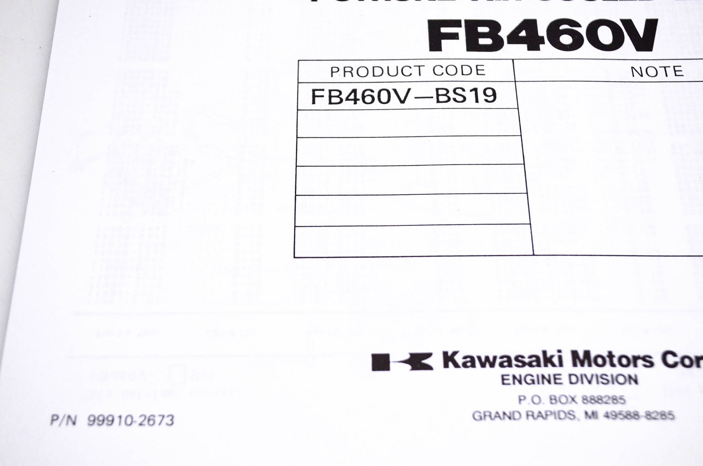 New OEM Kawasaki 99910-2673 FB460V Parts Catalog NOS