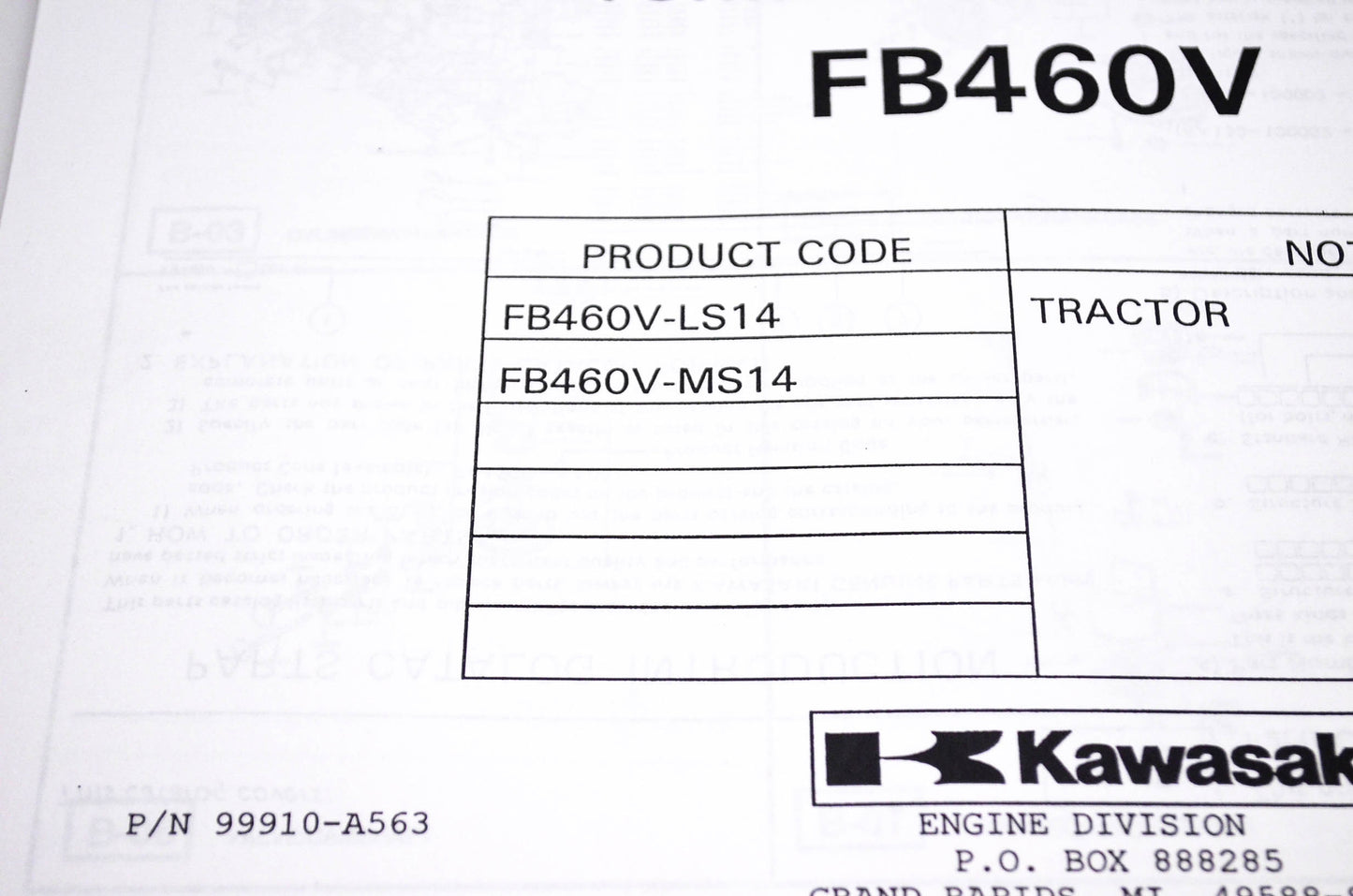 New OEM Kawasaki 99910-A563 FB460V Parts Catalog NOS