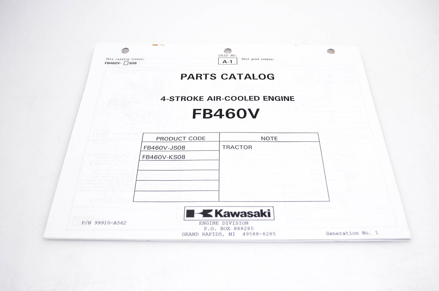 New OEM Kawasaki 99910-A562 FB460V Parts Catalog NOS