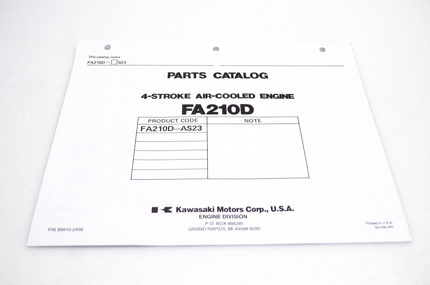 New OEM Kawasaki 99910-2456 FA210D Parts Catalog NOS