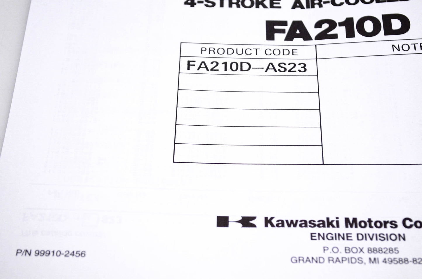 New OEM Kawasaki 99910-2456 FA210D Parts Catalog NOS