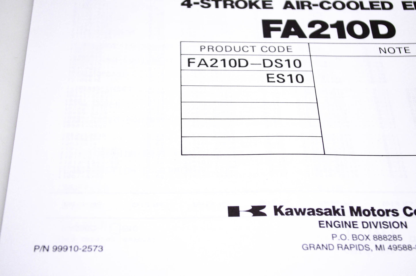 New OEM Kawasaki 99910-2573 FA210D Parts Catalog NOS