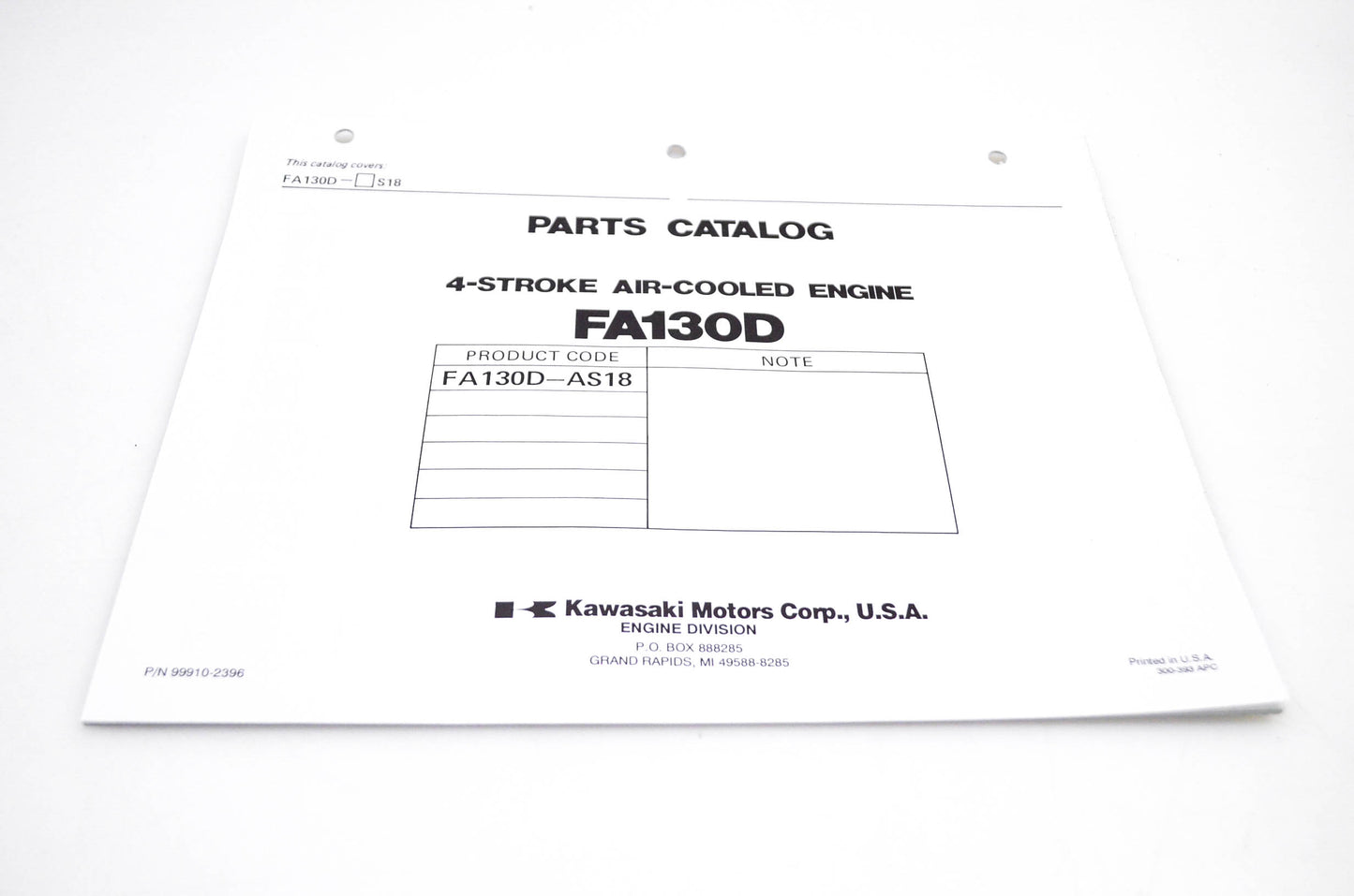 New OEM Kawasaki 99910-2396 FA130D Parts Catalog NOS