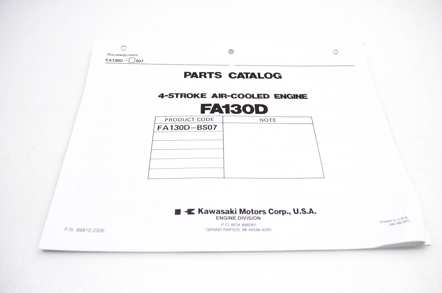 New OEM Kawasaki 99910-2305 FA130D Parts Catalog NOS