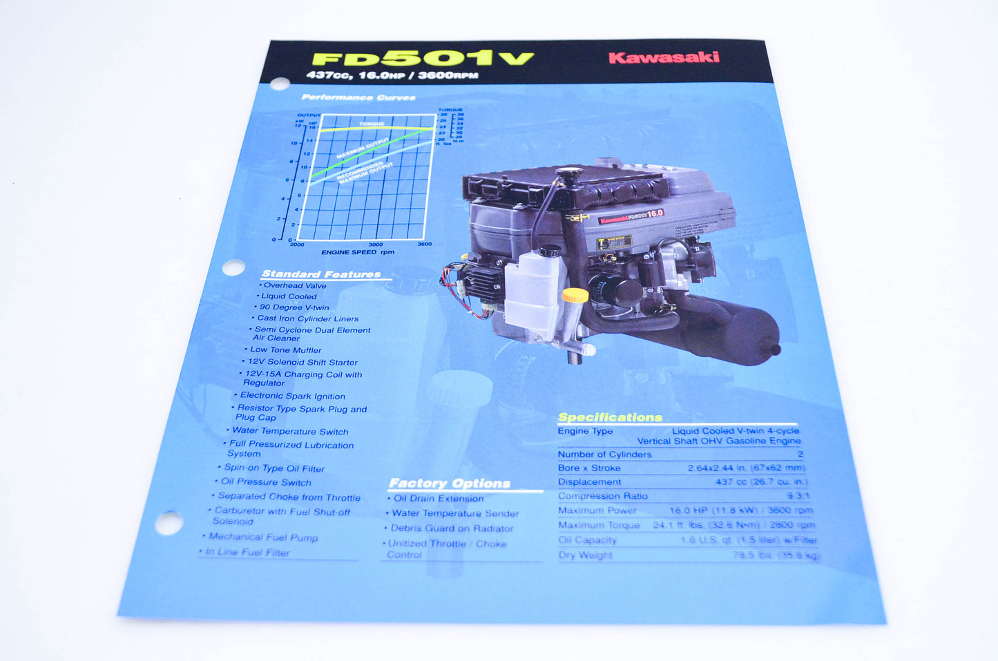 New OEM Kawasaki 99909-2144A FD501V Specification Sheet NOS