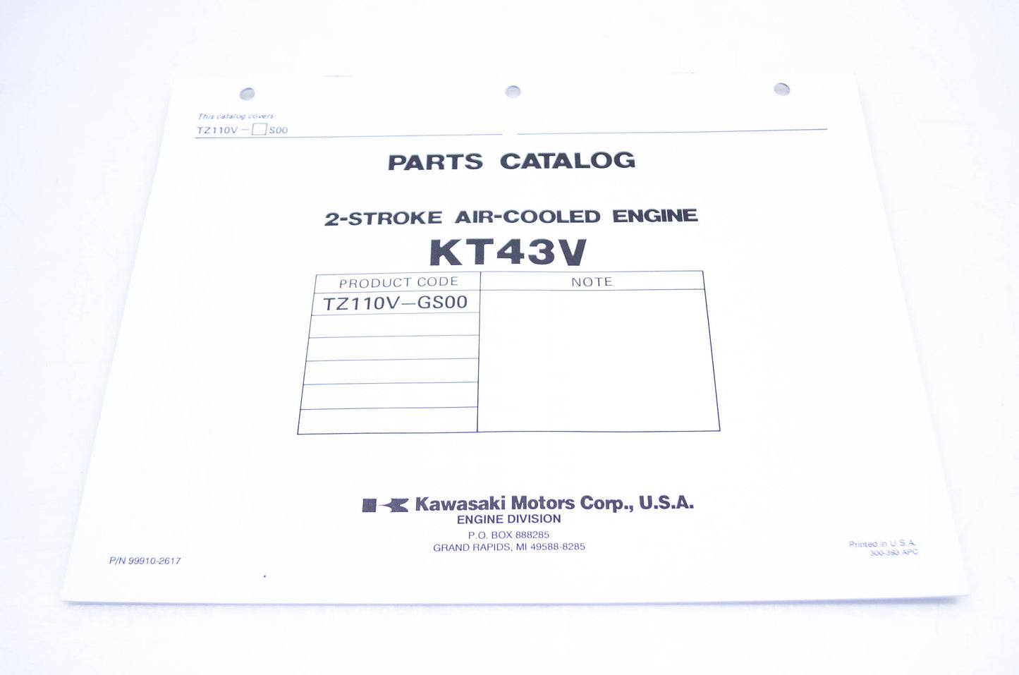 New OEM Kawasaki 99910-2617 Parts Catalog KT43V NOS