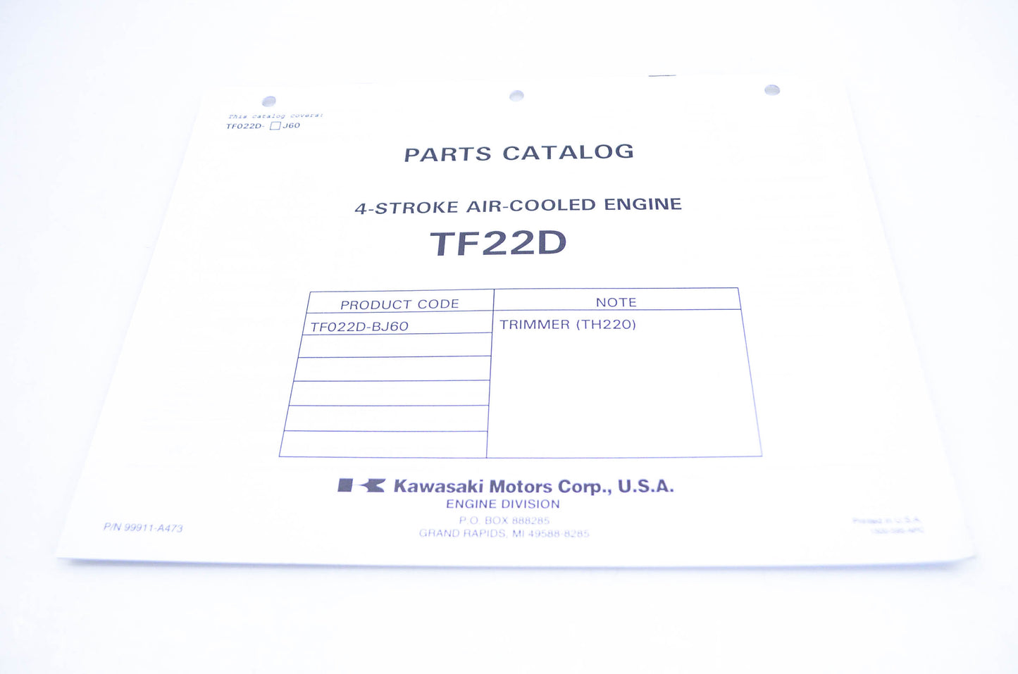 New OEM Kawasaki 99911-A473 Parts Catalog TF22D NOS