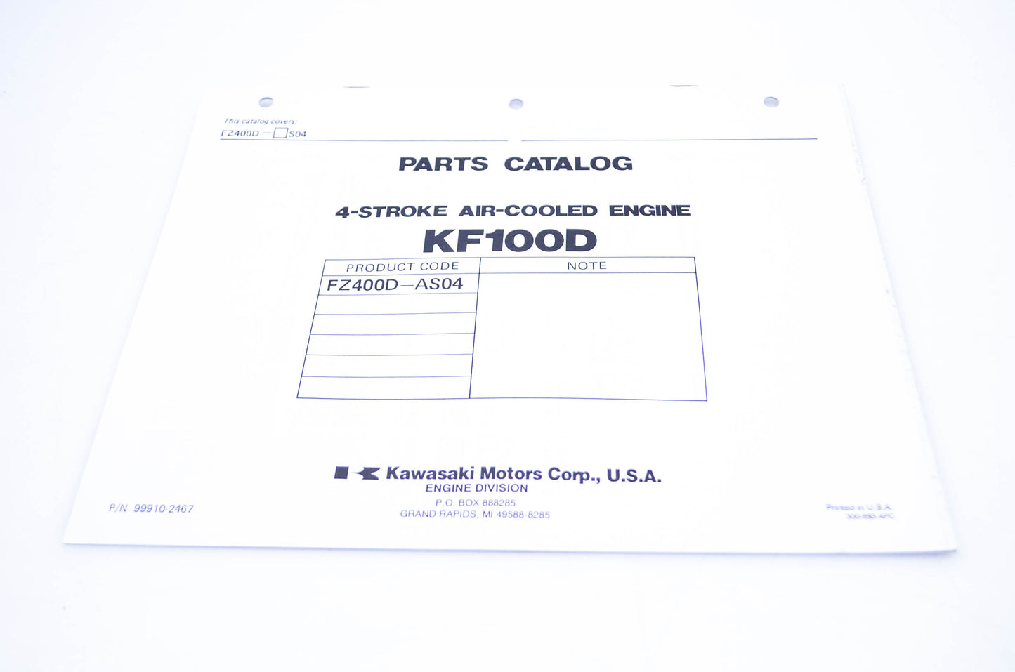 New OEM Kawasaki 99910-2467 Parts Catalog KF100D NOS