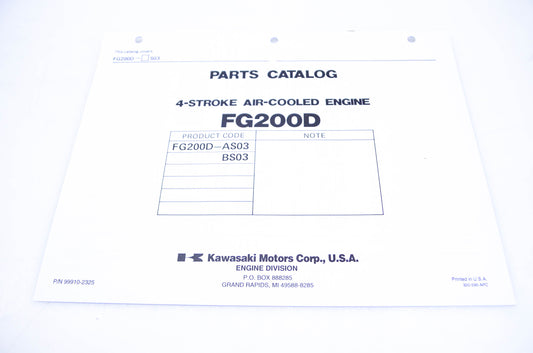 New OEM Kawasaki 99910-2325 Parts Catalog FG200D NOS