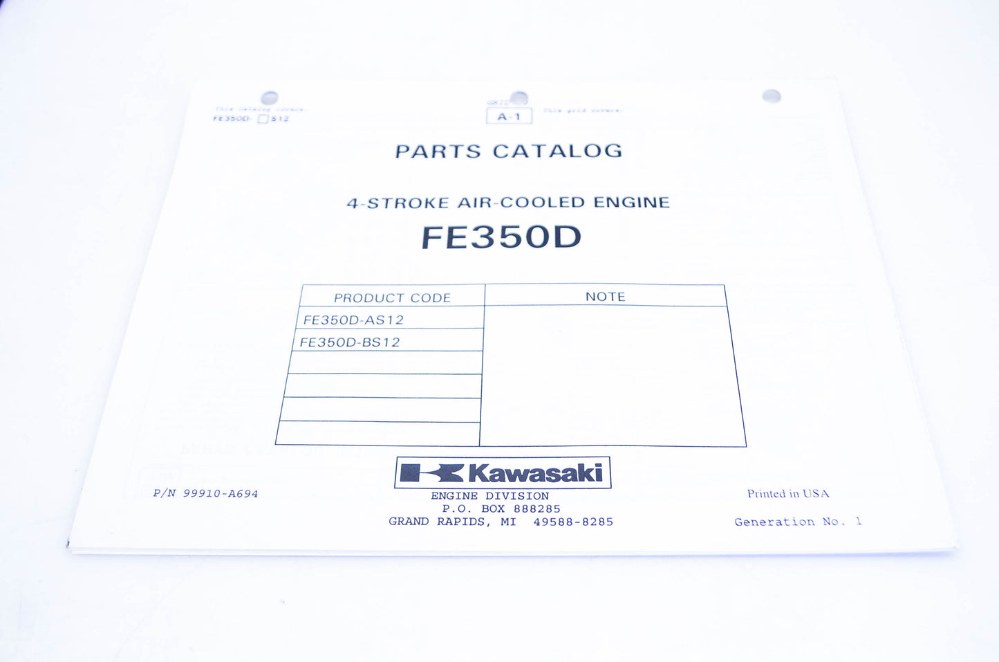 New OEM Kawasaki 99910-A694 Parts Catalog FE350D NOS