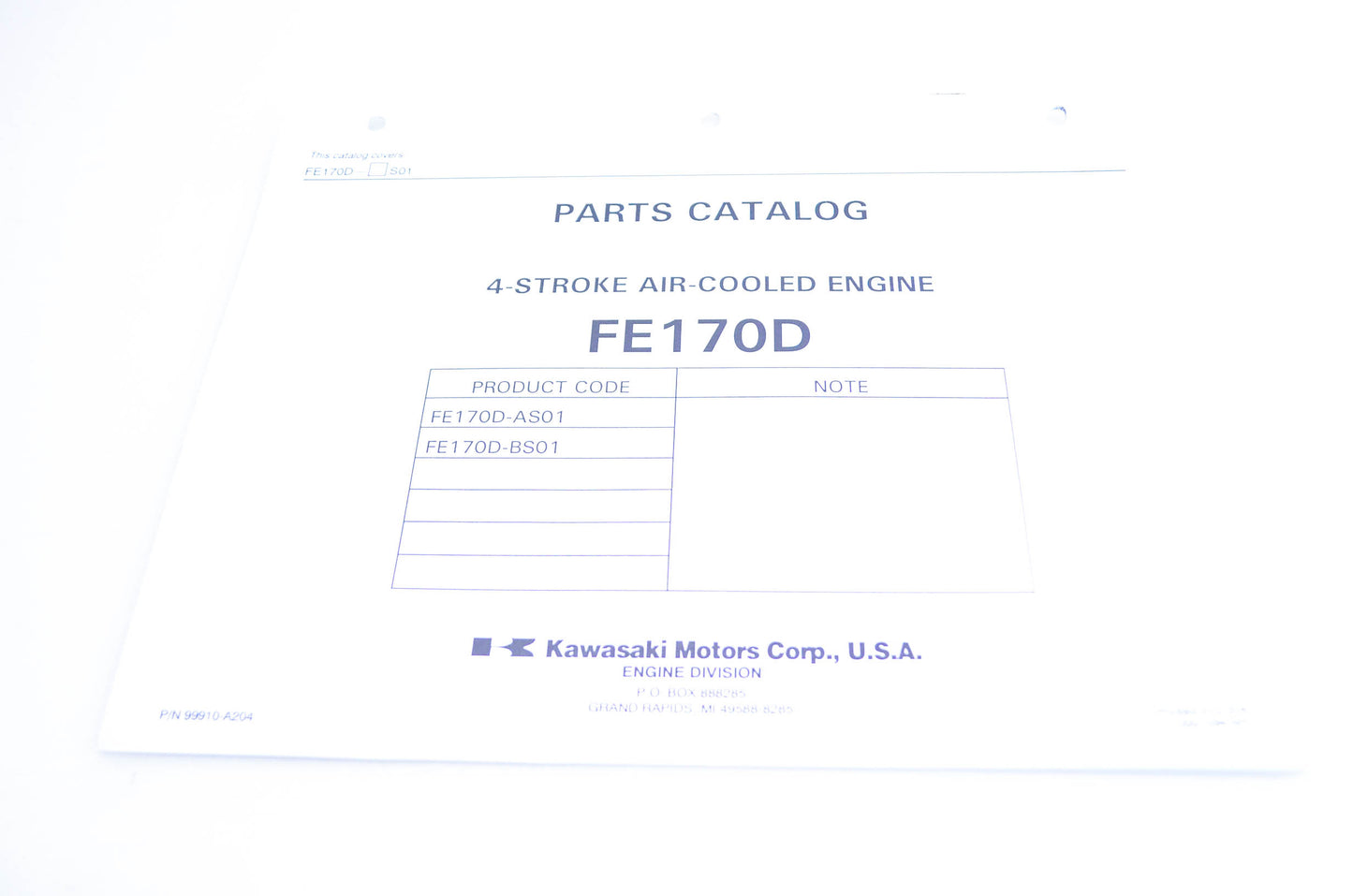 New OEM Kawasaki 99910-A204 Parts Catalog FE170D NOS