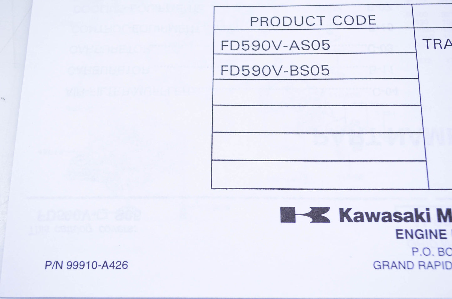 New OEM Kawasaki 99910-A426 Parts Catalog FD590V NOS