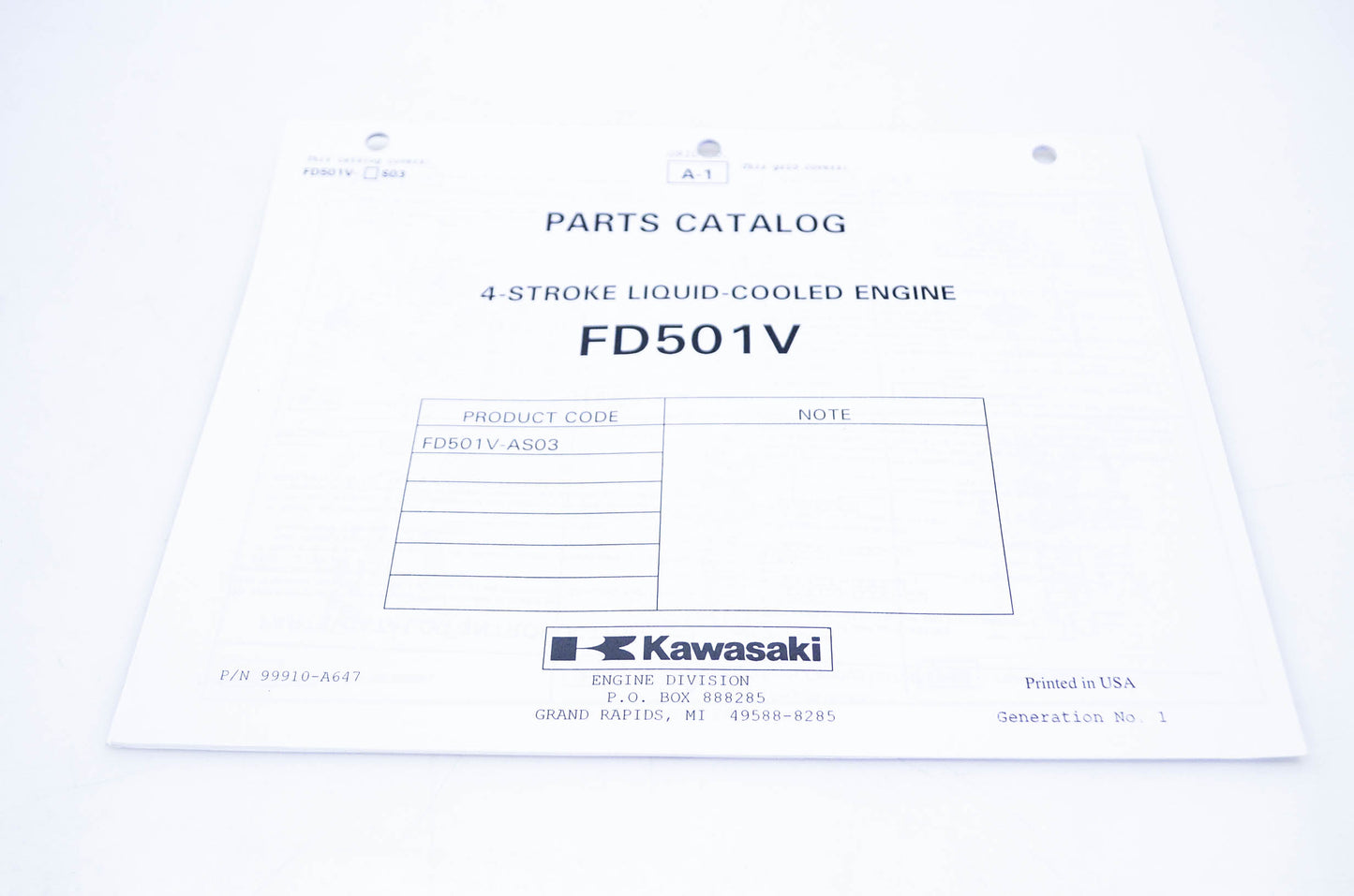 New OEM Kawasaki 99910-A647 Parts Catalog FD501V NOS