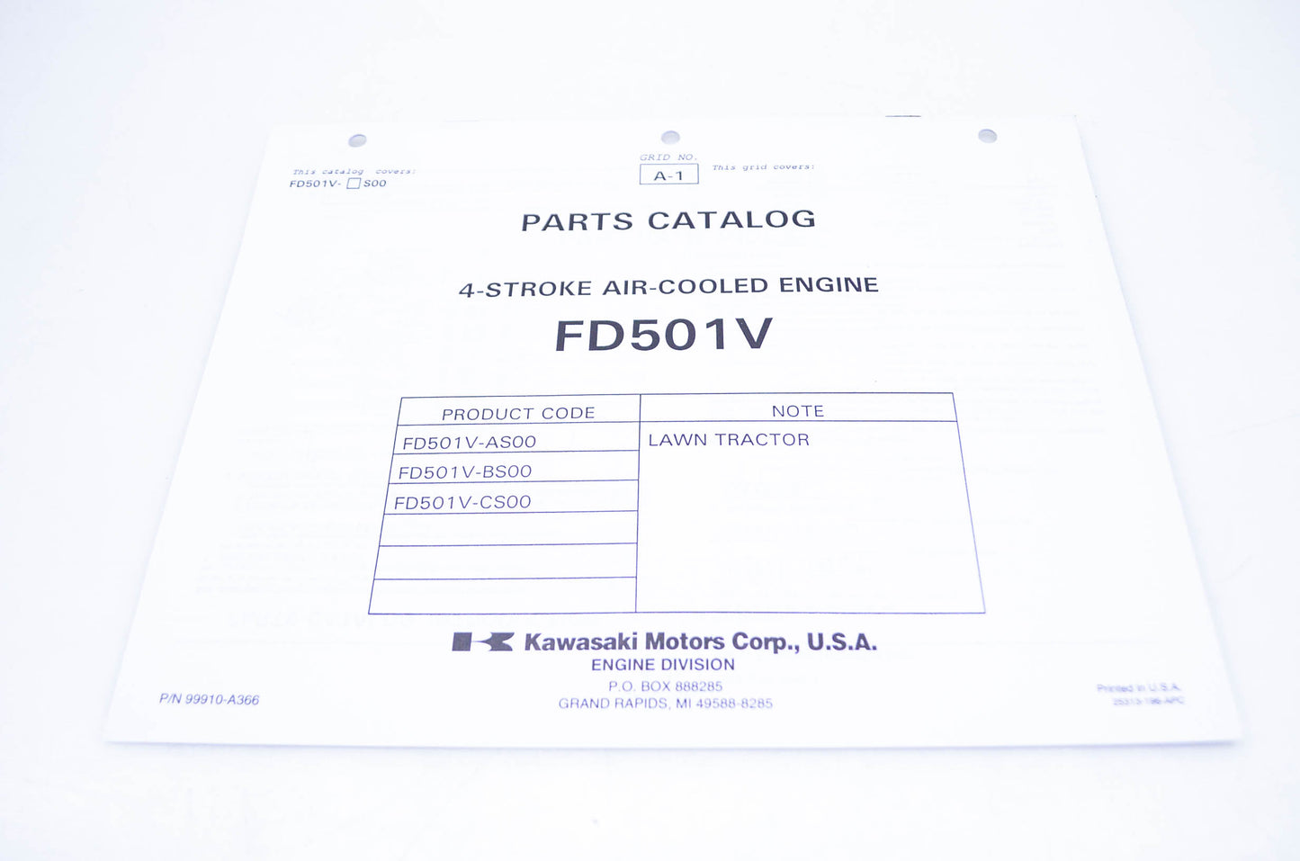 New OEM Kawasaki 99910-A366 Parts Catalog FD501V NOS