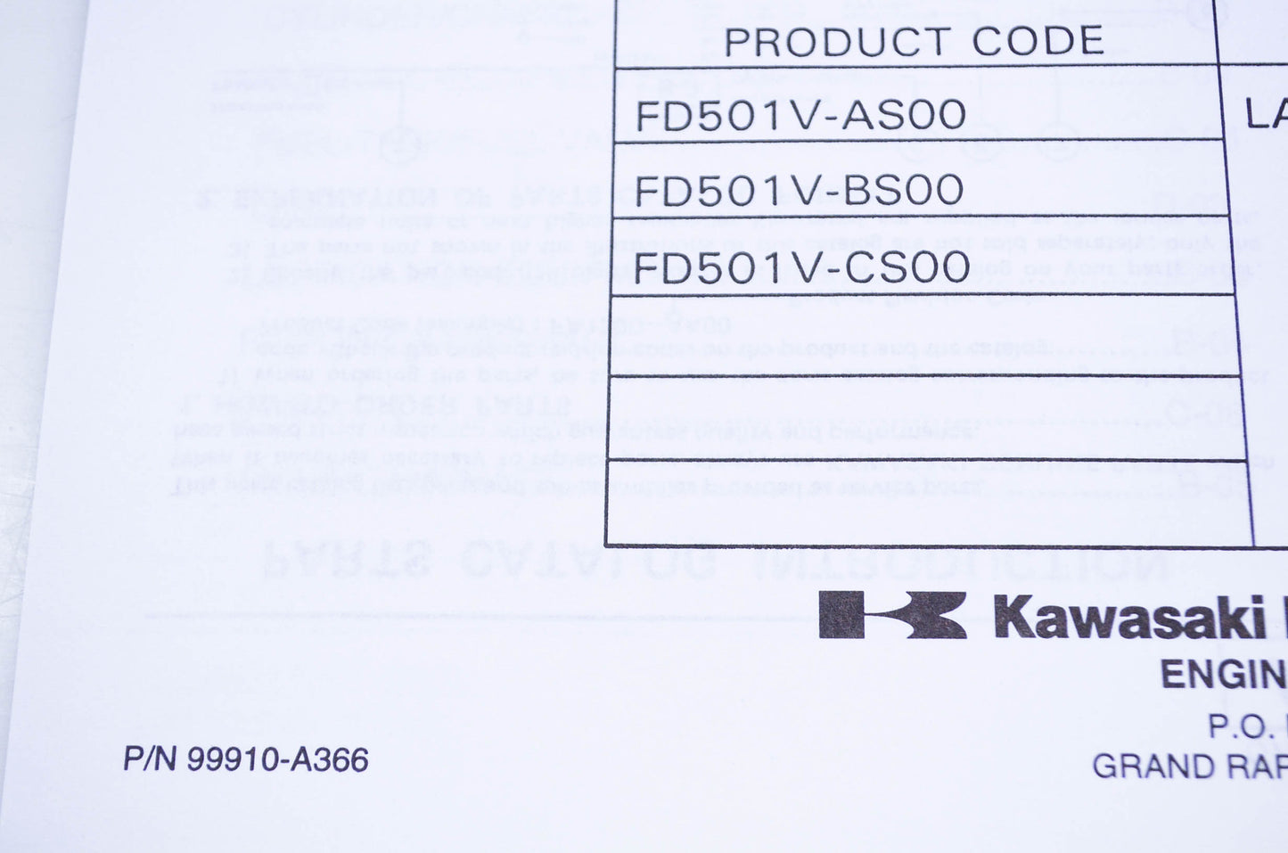 New OEM Kawasaki 99910-A366 Parts Catalog FD501V NOS