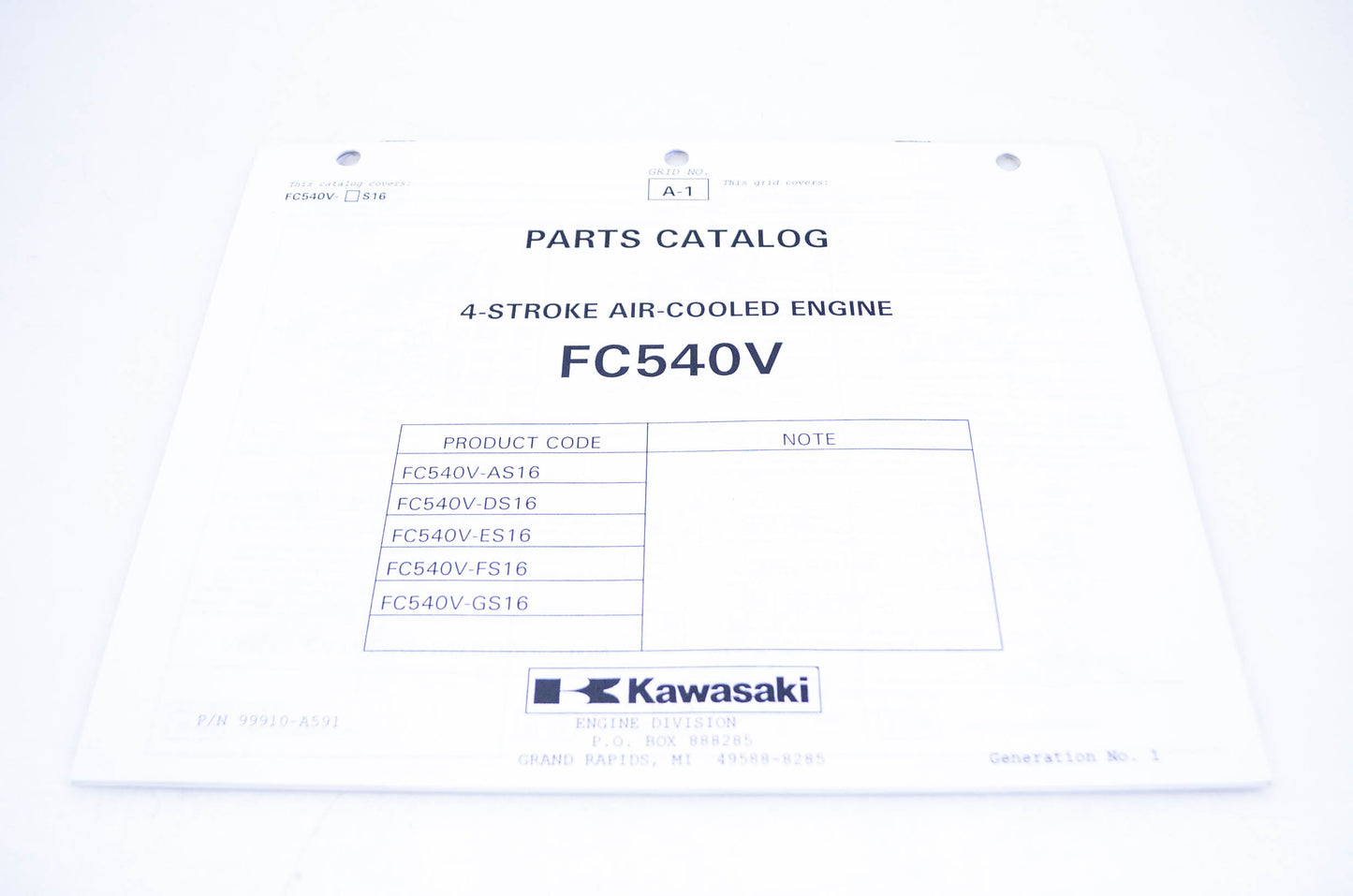 New OEM Kawasaki 99910-A591 Parts Catalog FC540V NOS