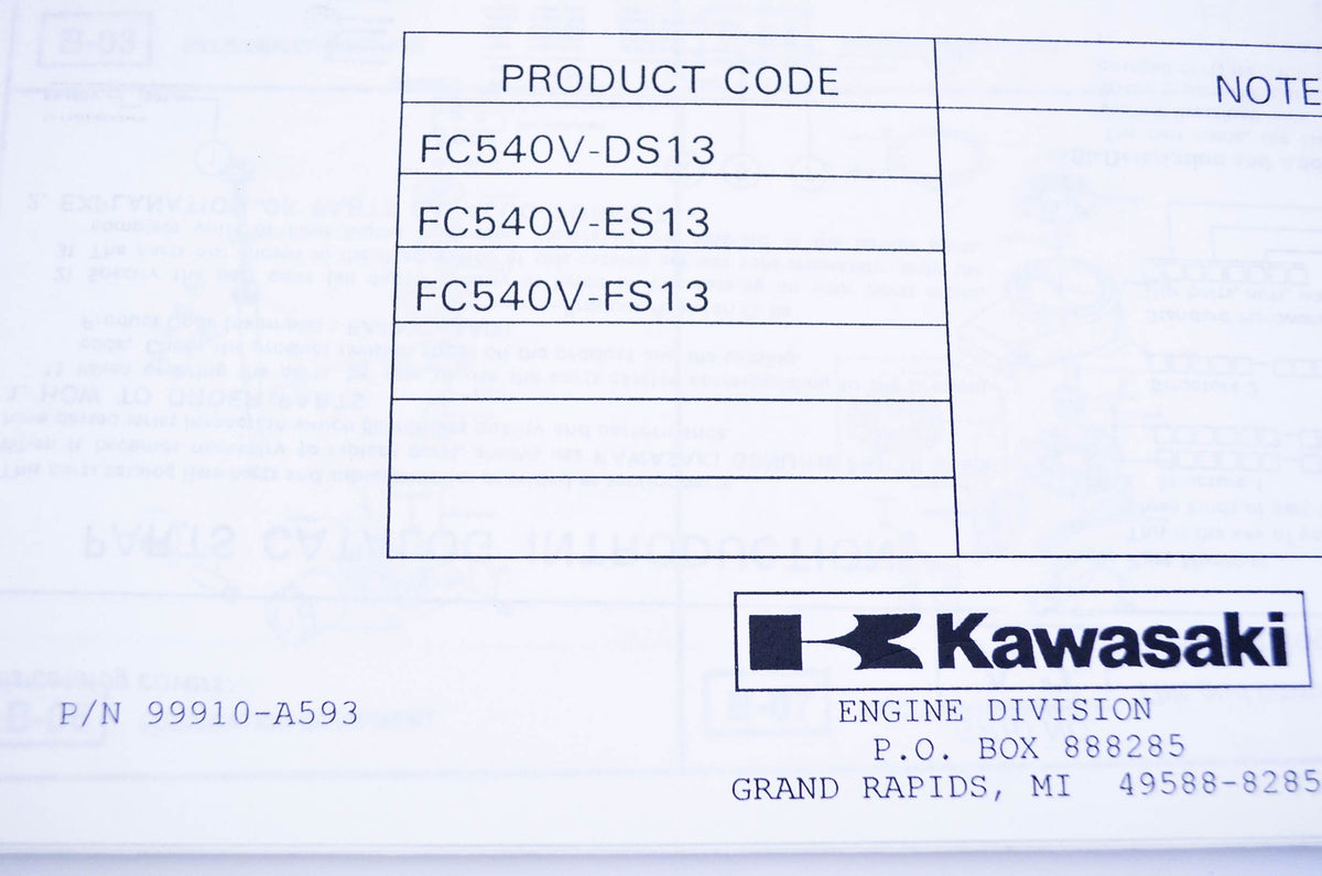 New OEM Kawasaki 99910-A593 Parts Catalog FC540V NOS