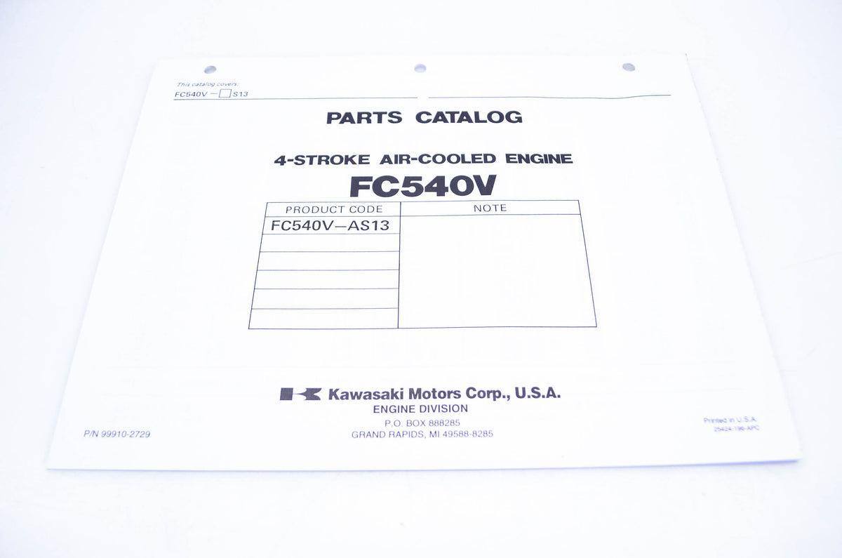 New OEM Kawasaki 99910-2729 Parts Catalog FC540V NOS