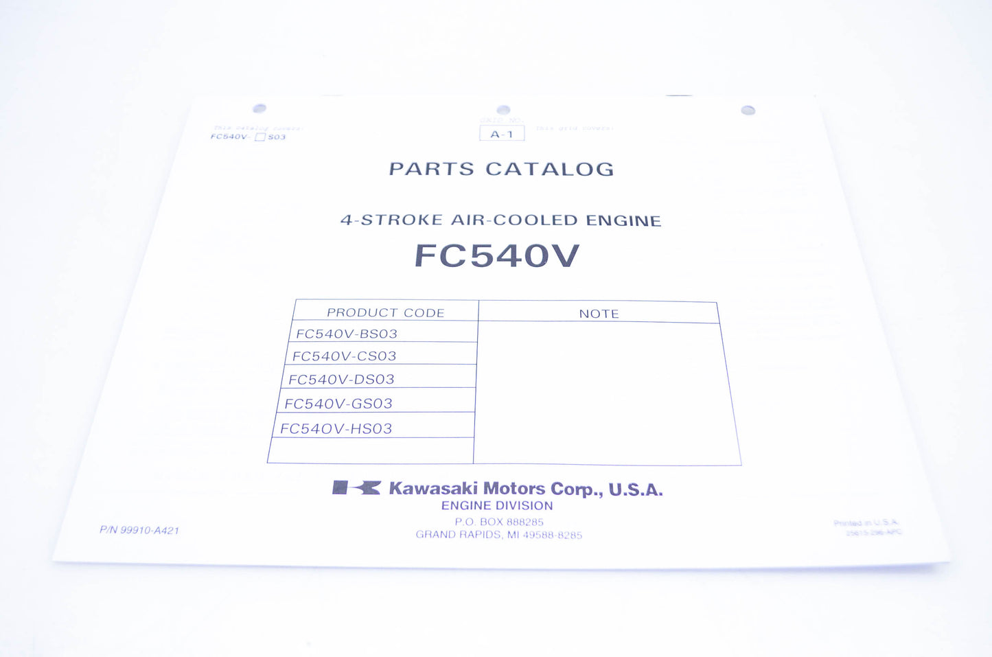 New OEM Kawasaki 99910-A421 Parts Catalog FC540V NOS