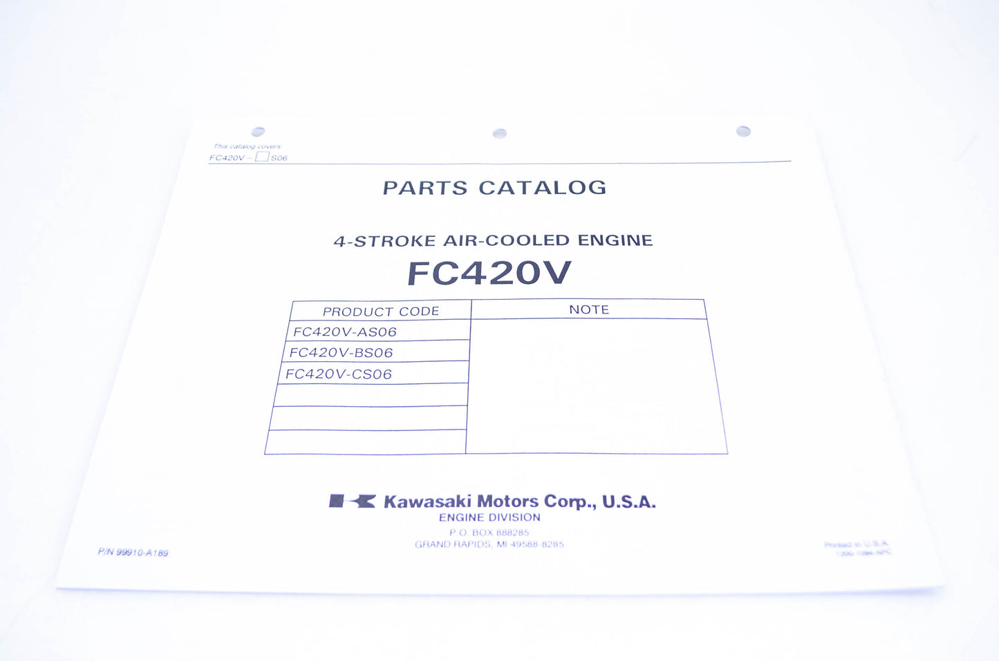 New OEM Kawasaki 99910-A189 Parts Catalog FC420V NOS