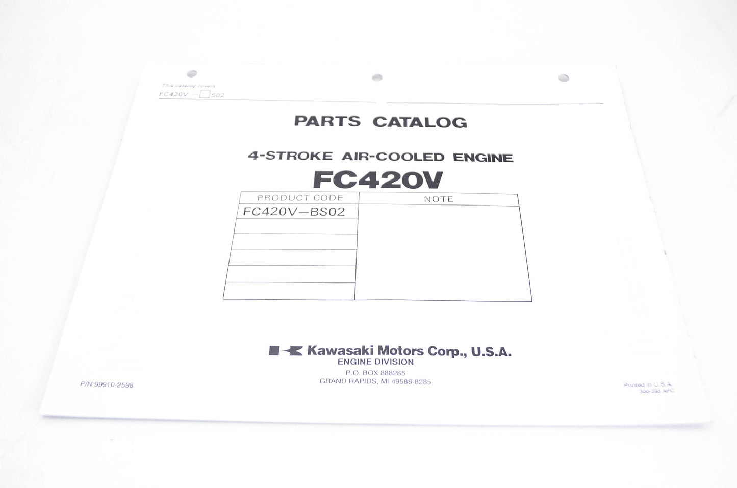 New OEM Kawasaki 99910-2598 Parts Catalog FC420V NOS