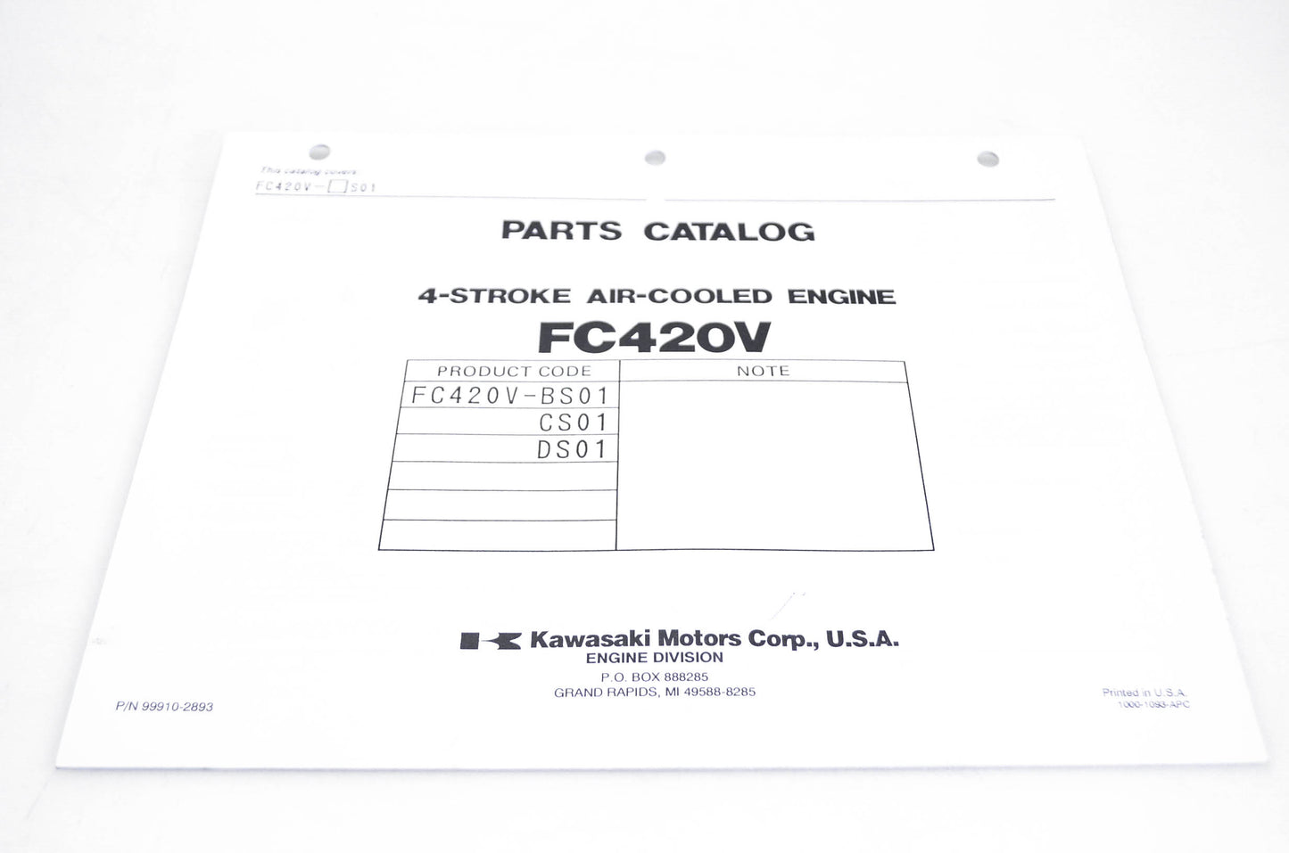 New OEM Kawasaki 99910-2893 Parts Catalog FC420V NOS