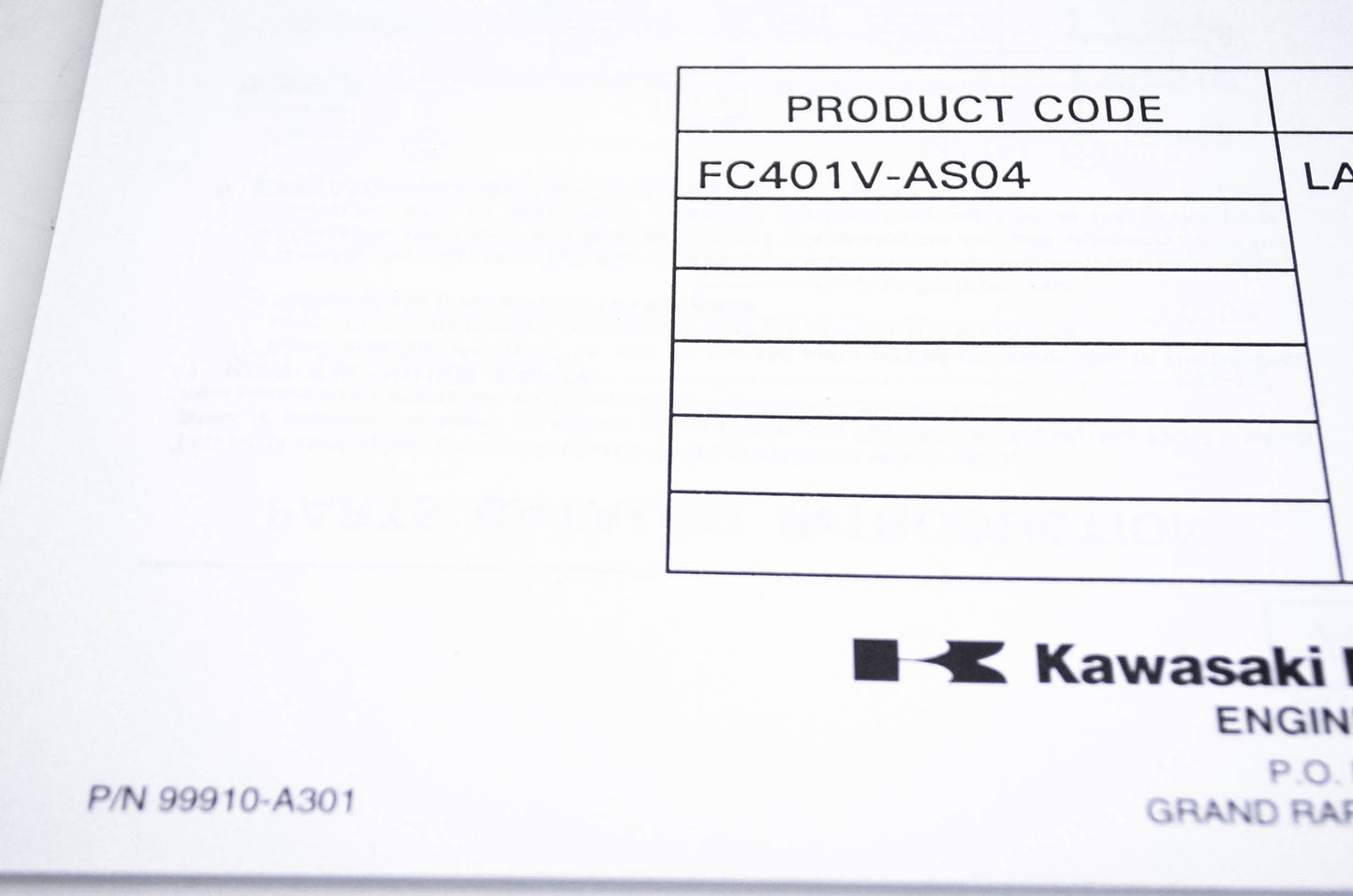 New OEM Kawasaki 99910-A301 Parts Catalog FC401V NOS